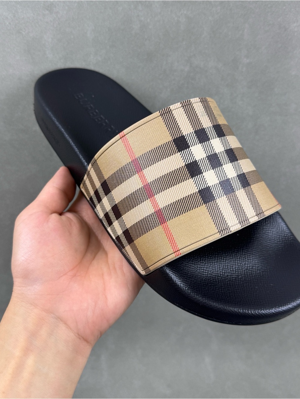 Burberry Black Slide Sandal with Beige Vintage Check Strap - Picture 2 of 5